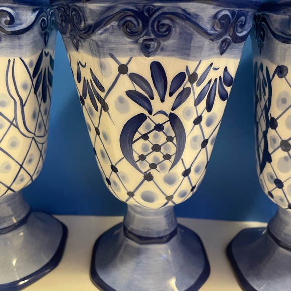 Tabletops Unlimited Hand-Painted Lisbon Blue White Ceramic Footed Goblets - Picture 3 of 10